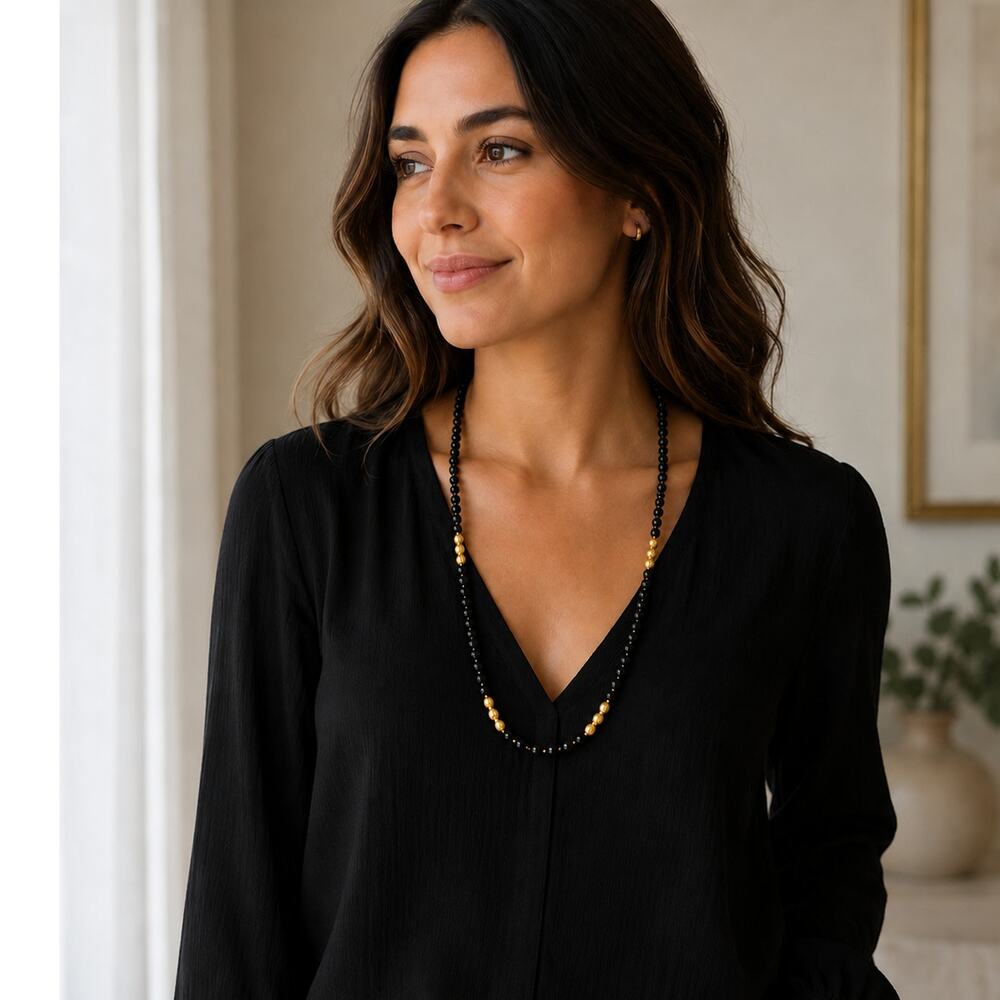 Black & Gold Beaded Necklace | 18” Vintage Statement Piece
